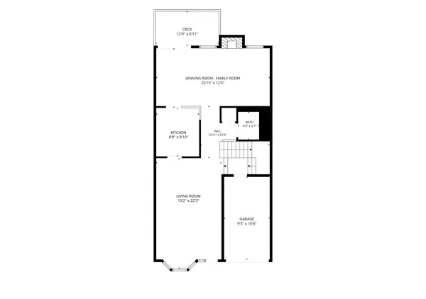 Floor plan — main level with living room, kitchen, family room, garage and deck